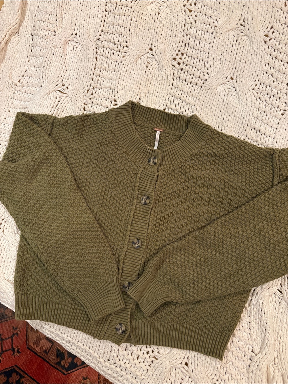 Free People Olive Green Textured Button-Up Cardigan